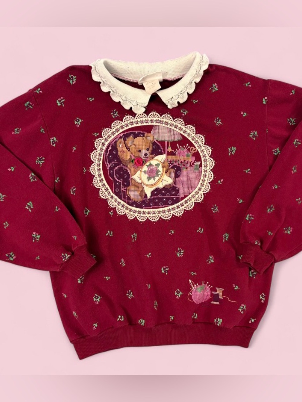 Vintage Spumoni Women’s Teddy Bear Sewing Lace Collar Floral Sweatshirt Size L